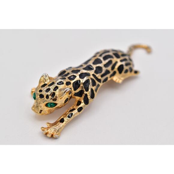 Vintage Leopard Shoulder Pin Brooch Black Enamel Gold Chunky Large 1980s BinBP - Picture 1 of 12
